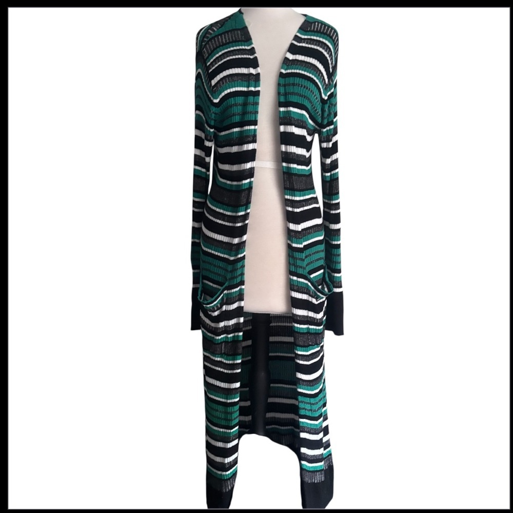 Ashley Stewart Striped Knitted Long Sleeve Long Open Cardigan Sweater Size 14/16